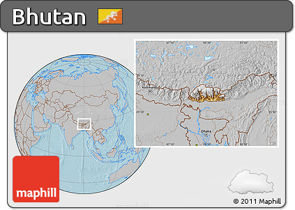 Physical Location Map of Bhutan, gray outside, hill shading