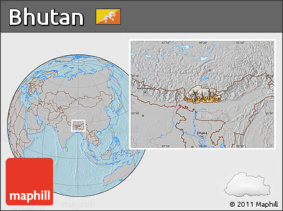 Physical Location Map of Bhutan, gray outside, hill shading