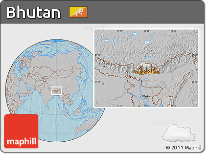 Physical Location Map of Bhutan, gray outside, hill shading