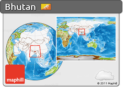 Physical Location Map of Bhutan, highlighted continent, within the entire continent
