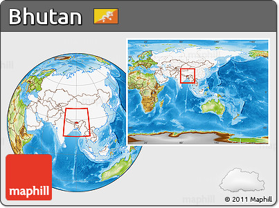 Physical Location Map of Bhutan, highlighted continent, within the entire continent