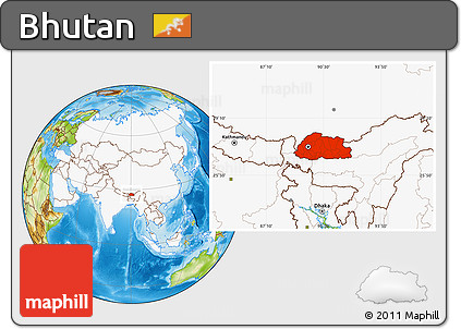 Physical Location Map of Bhutan, highlighted continent