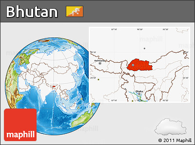 Physical Location Map of Bhutan, highlighted continent