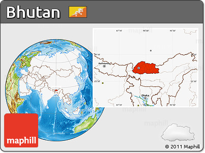 Physical Location Map of Bhutan, highlighted continent
