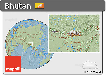 Physical Location Map of Bhutan, savanna style outside, hill shading