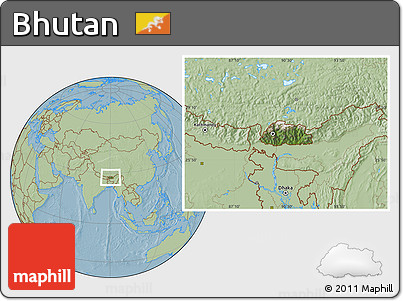 Satellite Location Map of Bhutan, savanna style outside, hill shading
