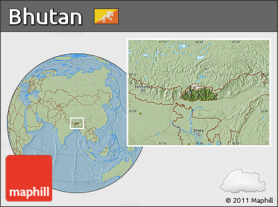 Satellite Location Map of Bhutan, savanna style outside, hill shading
