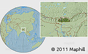 Satellite Location Map of Bhutan, savanna style outside, hill shading