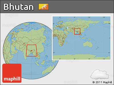 Savanna Style Location Map of Bhutan, within the entire continent