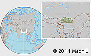 Savanna Style Location Map of Bhutan, gray outside, hill shading inside
