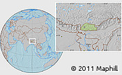 Savanna Style Location Map of Bhutan, gray outside, hill shading outside