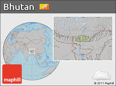 Savanna Style Location Map of Bhutan, gray outside, hill shading