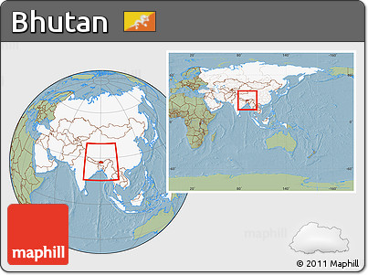 Savanna Style Location Map of Bhutan, highlighted continent, within the entire continent, hill shading