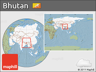 Savanna Style Location Map of Bhutan, highlighted continent, within the entire continent, hill shading