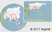 Savanna Style Location Map of Bhutan, highlighted continent, within the entire continent, hill shading