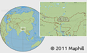 Savanna Style Location Map of Bhutan, hill shading inside
