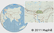 Savanna Style Location Map of Bhutan, lighten, land only, hill shading