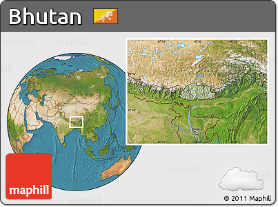 Savanna Style Location Map of Bhutan, satellite outside, hill shading