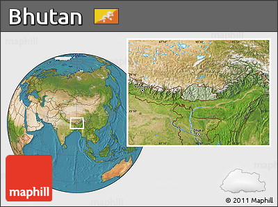 Savanna Style Location Map of Bhutan, satellite outside, hill shading