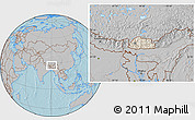 Shaded Relief Location Map of Bhutan, gray outside, hill shading