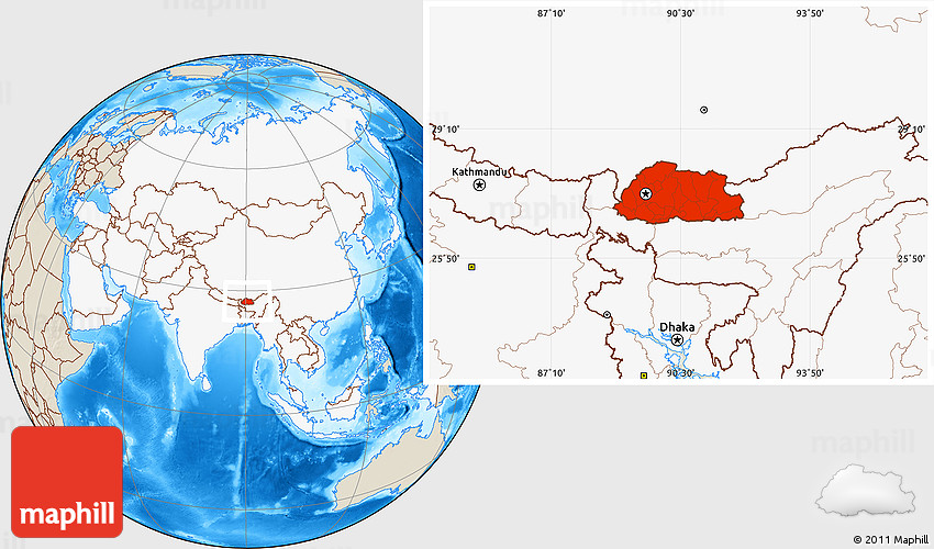 Locate Bhutan In World Map Shaded Relief Location Map Of Bhutan, Highlighted Continent