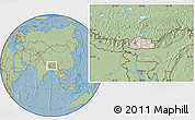 Shaded Relief Location Map of Bhutan, savanna style outside, hill shading