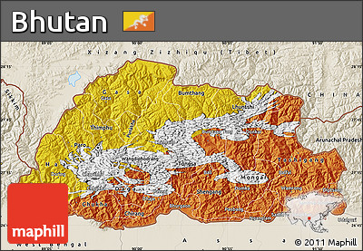 Flag Map of Bhutan, shaded relief outside, flag rotated
