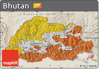 Flag Map of Bhutan, shaded relief outside, flag rotated
