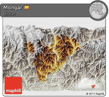 Physical 3D Map of Mongar, lighten, semi-desaturated