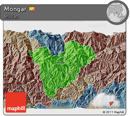 Political 3D Map of Mongar, semi-desaturated