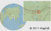 Savanna Style Location Map of Mongar, within the entire country, hill shading