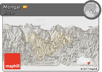 Shaded Relief Panoramic Map of Mongar, semi-desaturated