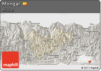 Shaded Relief Panoramic Map of Mongar, semi-desaturated