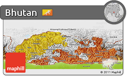 Flag Panoramic Map of Bhutan, physical outside, flag centered