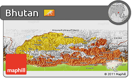 Flag Panoramic Map of Bhutan, physical outside, flag rotated
