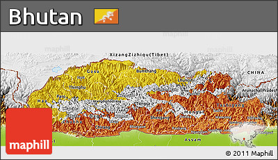 Flag Panoramic Map of Bhutan, physical outside, flag rotated