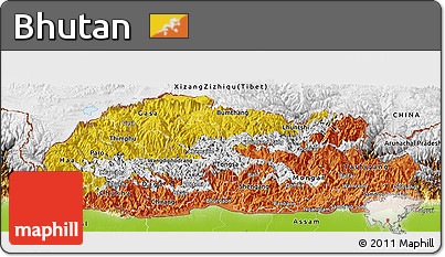 Flag Panoramic Map of Bhutan, physical outside, flag rotated