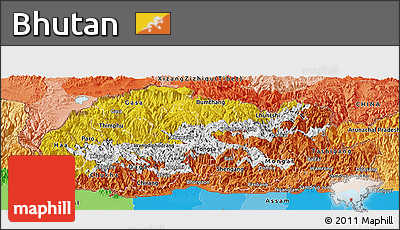 Flag Panoramic Map of Bhutan, political outside, flag rotated