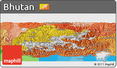 Flag Panoramic Map of Bhutan, political outside, flag rotated