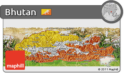 Flag Panoramic Map of Bhutan, satellite outside, flag rotated