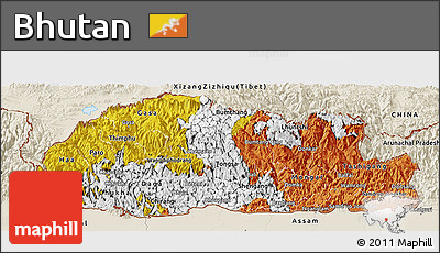 Flag Panoramic Map of Bhutan, shaded relief outside, flag aligned to the middle