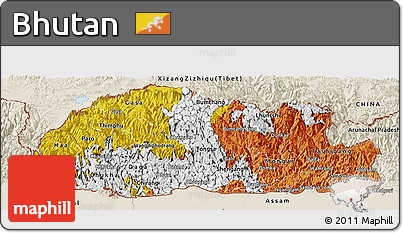 Flag Panoramic Map of Bhutan, shaded relief outside, flag aligned to the middle