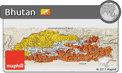 Flag Panoramic Map of Bhutan, shaded relief outside, flag rotated