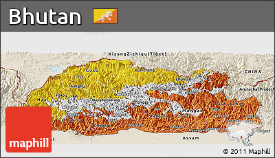 Flag Panoramic Map of Bhutan, shaded relief outside, flag rotated