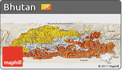 Flag Panoramic Map of Bhutan, shaded relief outside, flag rotated