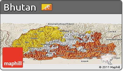 Flag Panoramic Map of Bhutan, shaded relief outside