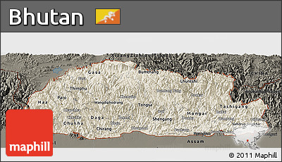 Shaded Relief Panoramic Map of Bhutan, darken