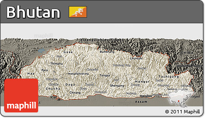 Shaded Relief Panoramic Map of Bhutan, darken