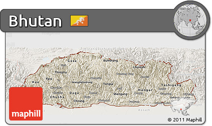Shaded Relief Panoramic Map of Bhutan, lighten