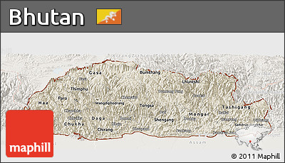 Shaded Relief Panoramic Map of Bhutan, lighten